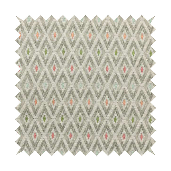 Uzbek Decorative Geometric Diamond Design Grey White Green Orange Pink Colour Soft Chenille Upholstery Fabric JO-403 - Made To Measure Curtains