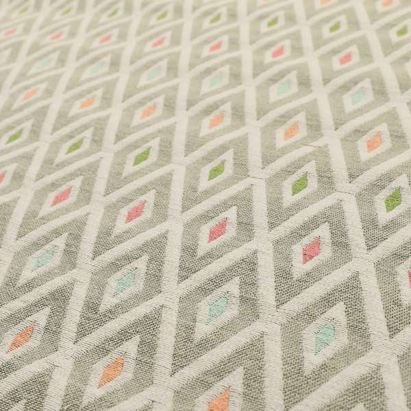 Uzbek Decorative Geometric Diamond Design Grey White Green Orange Pink Colour Soft Chenille Upholstery Fabric JO-403 - Made To Measure Curtains