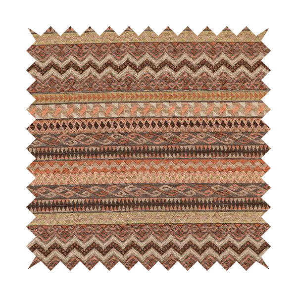 Maasai African Aztec Inspired Small Motif Striped Pattern Brown Orange Colour Furnishing Fabric JO-409 - Made To Measure Curtains