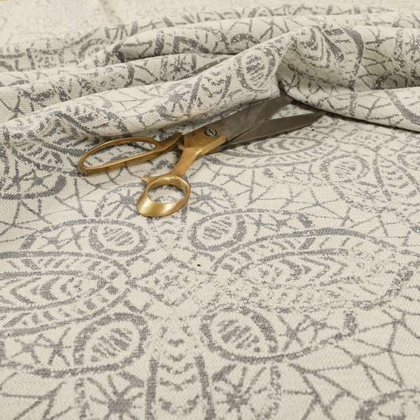 Voyage Designer Medallion Pattern In Cream With Silver Background Pattern Soft Chenille Upholstery Fabric JO-418