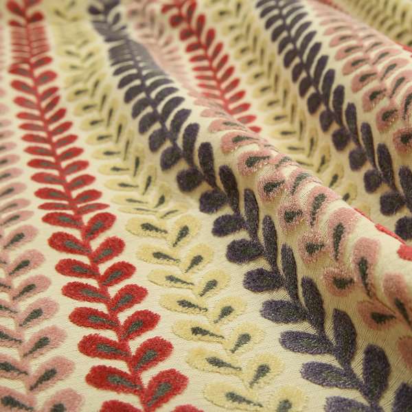 Ziani Cut Velvet Fabric In Leaf Stem Pattern Spring Purple Lilac Red Yellow Colour JO-427