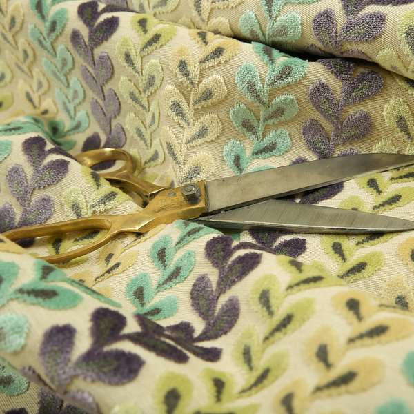 Ziani Cut Velvet Fabric In Leaf Stem Pattern Winter Yellow Teal Purple Colour JO-428