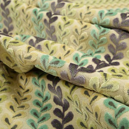 Ziani Cut Velvet Fabric In Leaf Stem Pattern Winter Yellow Teal Purple Colour JO-428