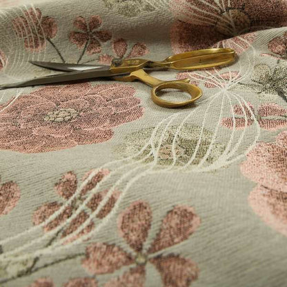 Blossom Floral Pattern Fabric In Pink Grey Colour Woven Soft Chenille Fabric JO-430 - Made To Measure Curtains