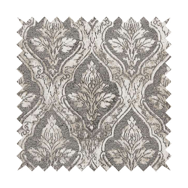 Large Floral Theme Damask Pattern Fabric In White Beige Woven Soft Chenille Fabric JO-432 - Made To Measure Curtains