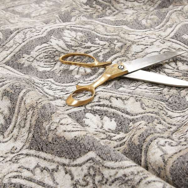 Large Floral Theme Damask Pattern Fabric In White Beige Woven Soft Chenille Fabric JO-432 - Made To Measure Curtains