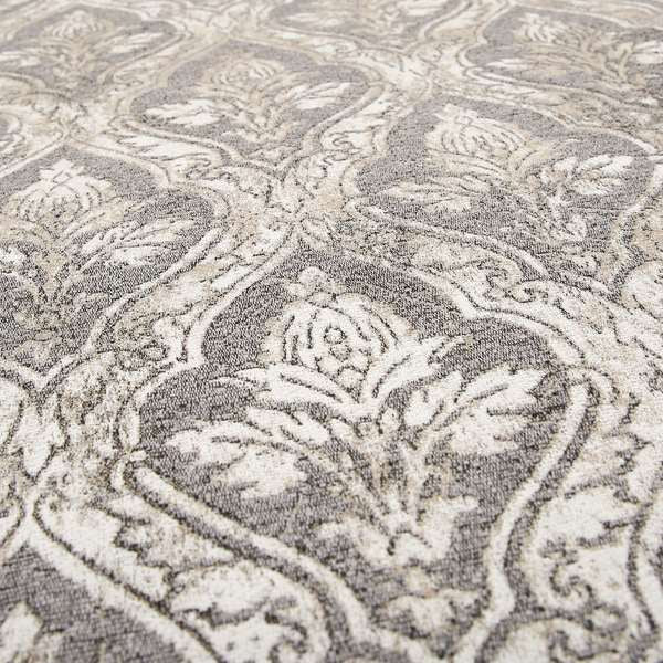 Large Floral Theme Damask Pattern Fabric In White Beige Woven Soft Chenille Fabric JO-432 - Made To Measure Curtains