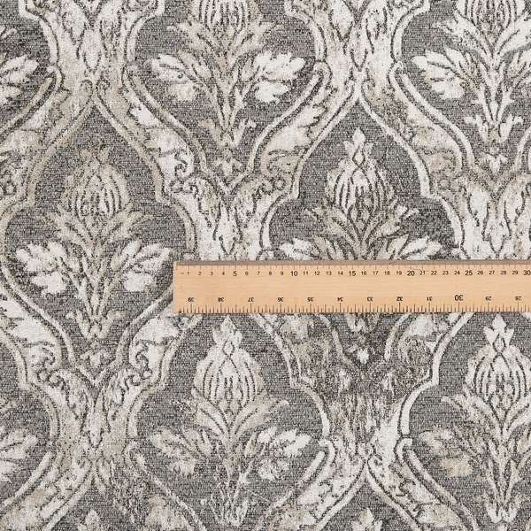 Large Floral Theme Damask Pattern Fabric In White Beige Woven Soft Chenille Fabric JO-432 - Made To Measure Curtains