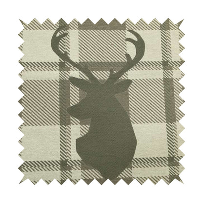 Brown Beige Stag Head Animal On Background Checked Pattern Soft Woven Quality Upholstery Fabric JO-434 - Roman Blinds