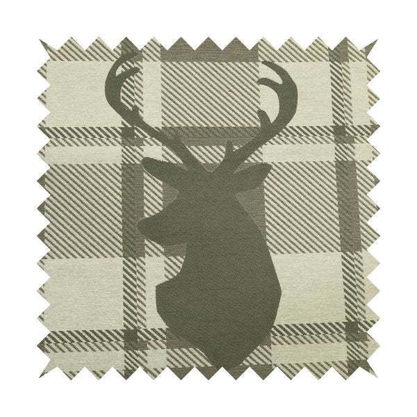 Brown Beige Stag Head Animal On Background Checked Pattern Soft Woven Quality Upholstery Fabric JO-434