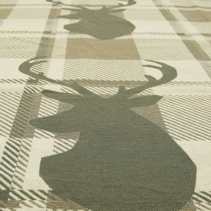 Brown Beige Stag Head Animal On Background Checked Pattern Soft Woven Quality Upholstery Fabric JO-434 - Made To Measure Curtains