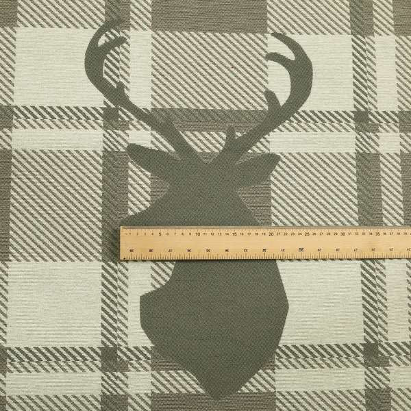 Brown Beige Stag Head Animal On Background Checked Pattern Soft Woven Quality Upholstery Fabric JO-434 - Made To Measure Curtains