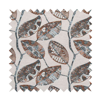 Beige Blue Orange Coloured Floral Inspired Leaf Design Soft Chenille Upholstery Fabric JO-45 - Made To Measure Curtains