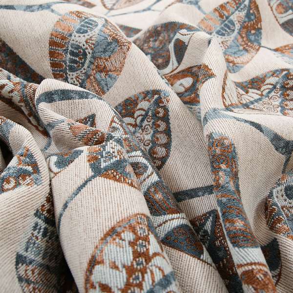 Beige Blue Orange Coloured Floral Inspired Leaf Design Soft Chenille Upholstery Fabric JO-45 - Made To Measure Curtains