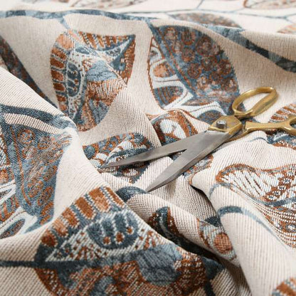 Beige Blue Orange Coloured Floral Inspired Leaf Design Soft Chenille Upholstery Fabric JO-45 - Made To Measure Curtains