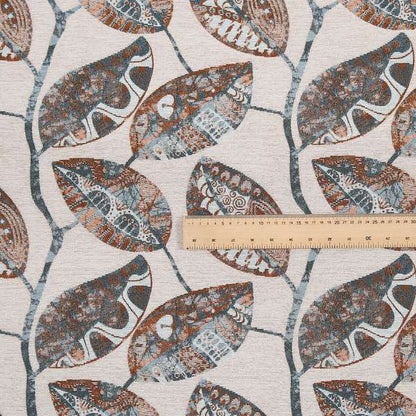 Beige Blue Orange Coloured Floral Inspired Leaf Design Soft Chenille Upholstery Fabric JO-45