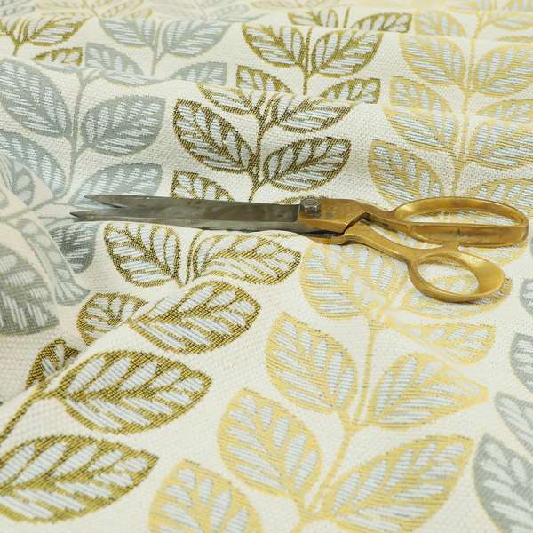 Fantasque Floral Leaf Inspired Pattern White Grey Yellow Colour Soft Woven Fabric JO-461 - Made To Measure Curtains