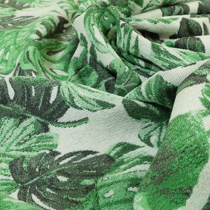 Fantasque Leaf Inspired Pattern White Green Colour Chenille Fabric JO-462 - Made To Measure Curtains