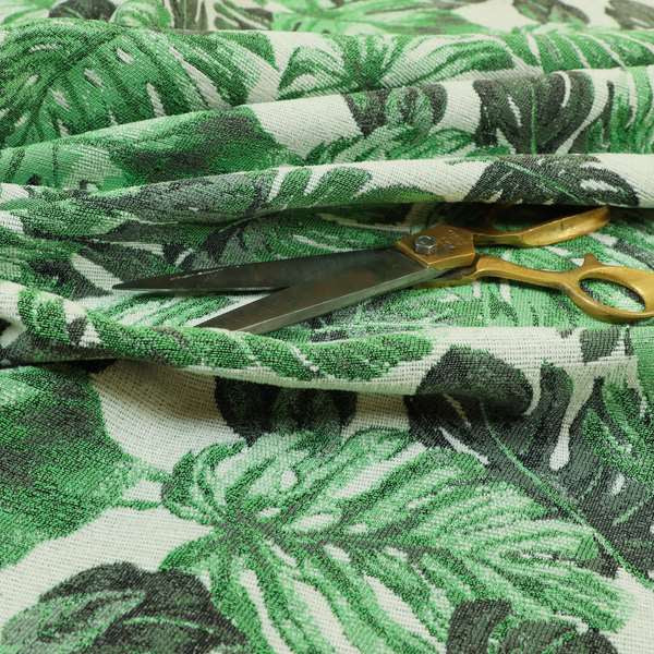 Fantasque Leaf Inspired Pattern White Green Colour Chenille Fabric JO-462 - Made To Measure Curtains