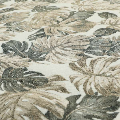 Fantasque Leaf Inspired Pattern White Grey Brown Colour Chenille Fabric JO-463 - Made To Measure Curtains