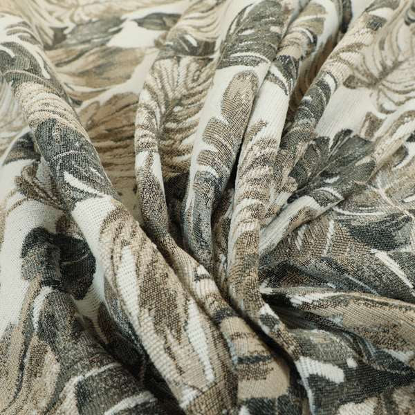 Fantasque Leaf Inspired Pattern White Grey Brown Colour Chenille Fabric JO-463 - Made To Measure Curtains