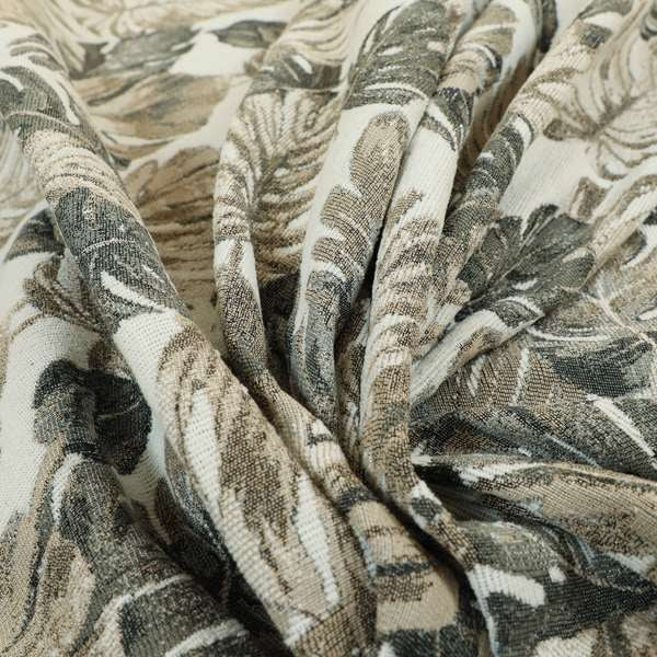 Fantasque Leaf Inspired Pattern White Grey Brown Colour Chenille Fabric JO-463