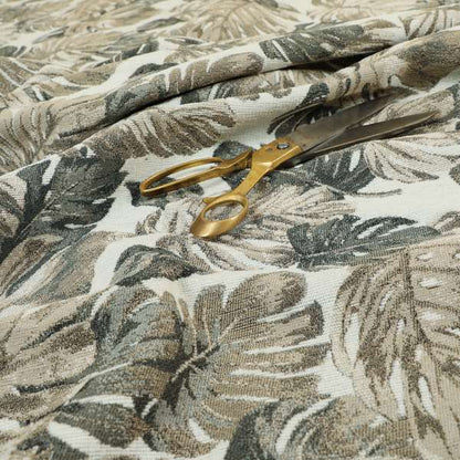 Fantasque Leaf Inspired Pattern White Grey Brown Colour Chenille Fabric JO-463 - Made To Measure Curtains