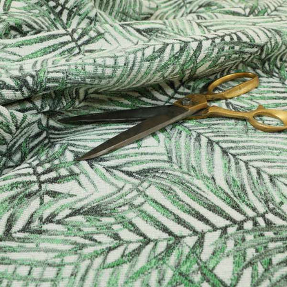 Fantasque Jungle Leaf Inspired Pattern White Green Colour Chenille Fabric JO-471 - Made To Measure Curtains