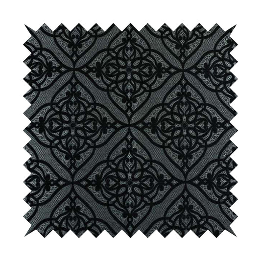 Vegas Black Silver Shine Effect Geometric Large Pattern Medallion Soft Chenille Upholstery Fabric JO-475