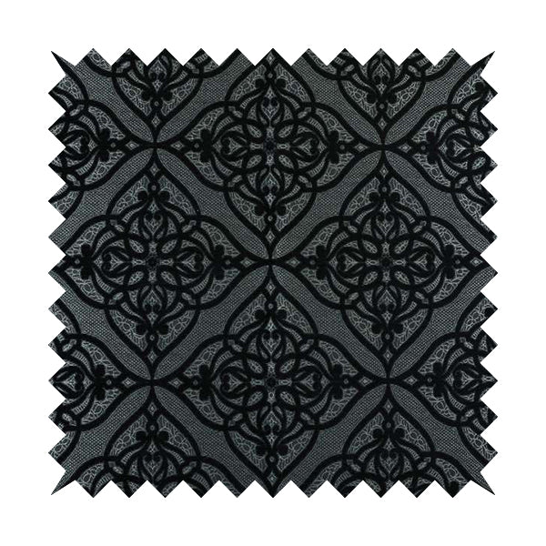 Vegas Black Silver Shine Effect Geometric Large Pattern Medallion Soft Chenille Upholstery Fabric JO-475 - Handmade Cushions