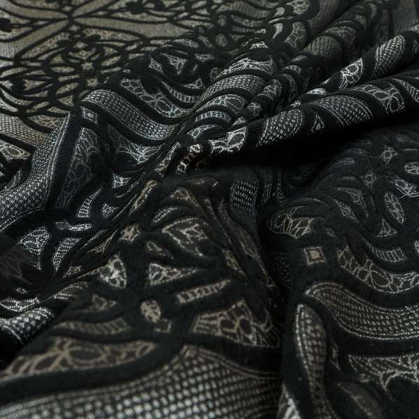 Vegas Black Silver Shine Effect Geometric Large Pattern Medallion Soft Chenille Upholstery Fabric JO-475 - Made To Measure Curtains