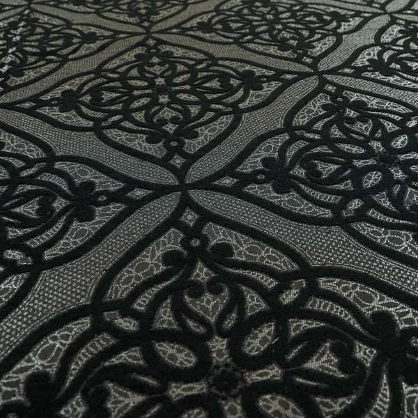 Vegas Black Silver Shine Effect Geometric Large Pattern Medallion Soft Chenille Upholstery Fabric JO-475