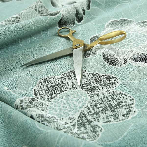 Aqua Silver Grey Coloured Floral Inspired Leaf Design Soft Chenille Upholstery Fabric JO-48 - Roman Blinds