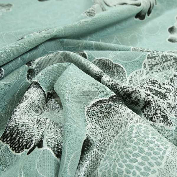 Aqua Silver Grey Coloured Floral Inspired Leaf Design Soft Chenille Upholstery Fabric JO-48