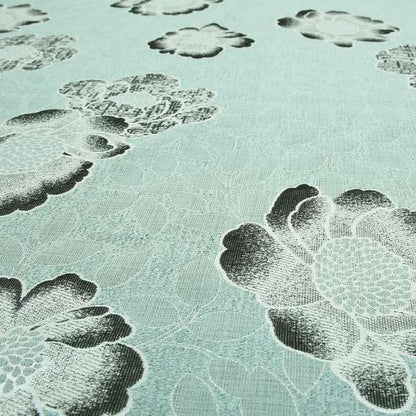 Aqua Silver Grey Coloured Floral Inspired Leaf Design Soft Chenille Upholstery Fabric JO-48 - Roman Blinds