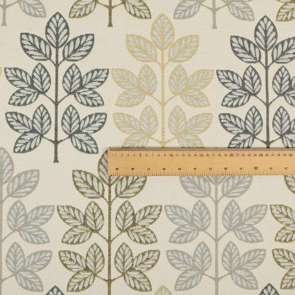 Fantasque Trees Leaf Inspired Pattern White Grey Yellow Colour Soft Woven Fabric JO-483 - Made To Measure Curtains