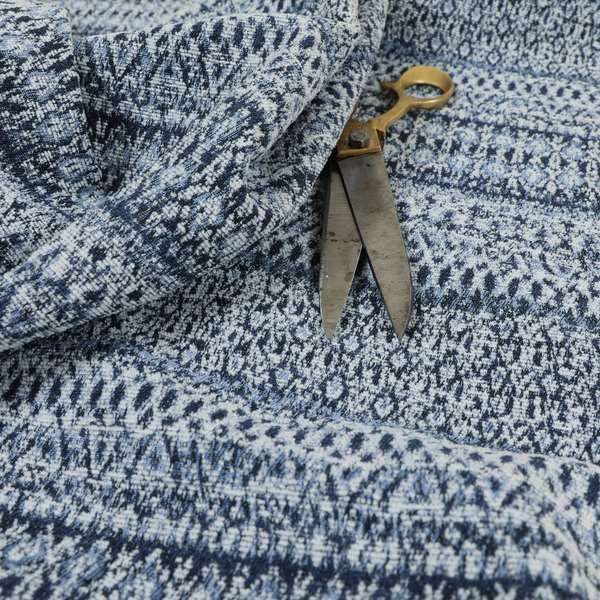 Ella Geometric Trellis Pattern Interior Fabric In White Blue Colour Woven Soft Chenille Fabric JO-487