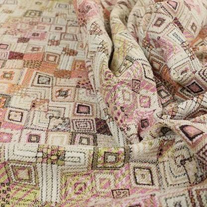 Madagascar Small Motifs Geometric Orange Pink Green Colour Pattern Interior Fabrics JO-489