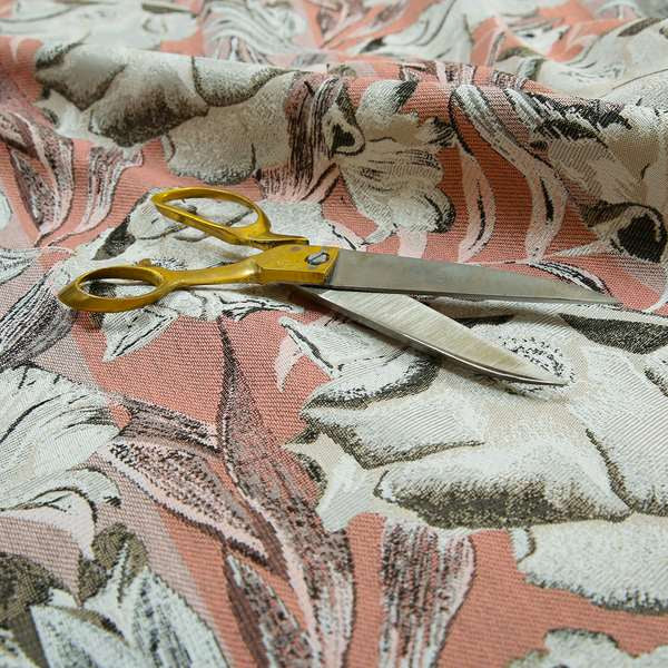 Natural White Pink Brown Colour Floral Theme Pattern Woven Chenille Upholstery Fabric JO-49 - Roman Blinds