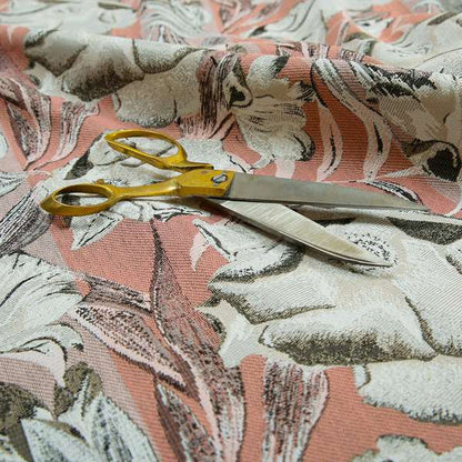 Natural White Pink Brown Colour Floral Theme Pattern Woven Chenille Upholstery Fabric JO-49 - Roman Blinds