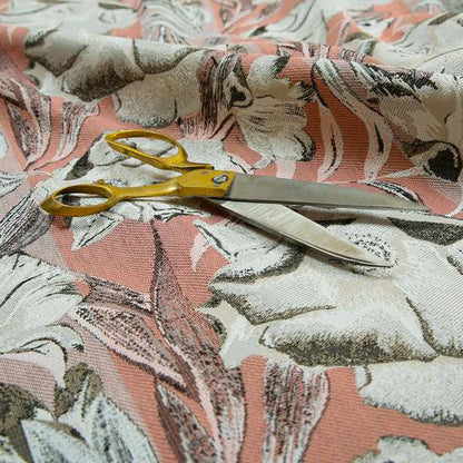 Natural White Pink Brown Colour Floral Theme Pattern Woven Chenille Upholstery Fabric JO-49