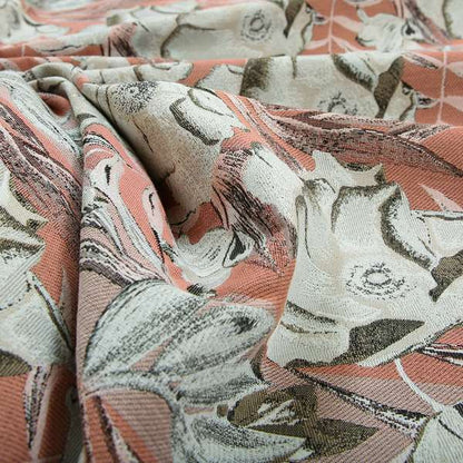 Natural White Pink Brown Colour Floral Theme Pattern Woven Chenille Upholstery Fabric JO-49