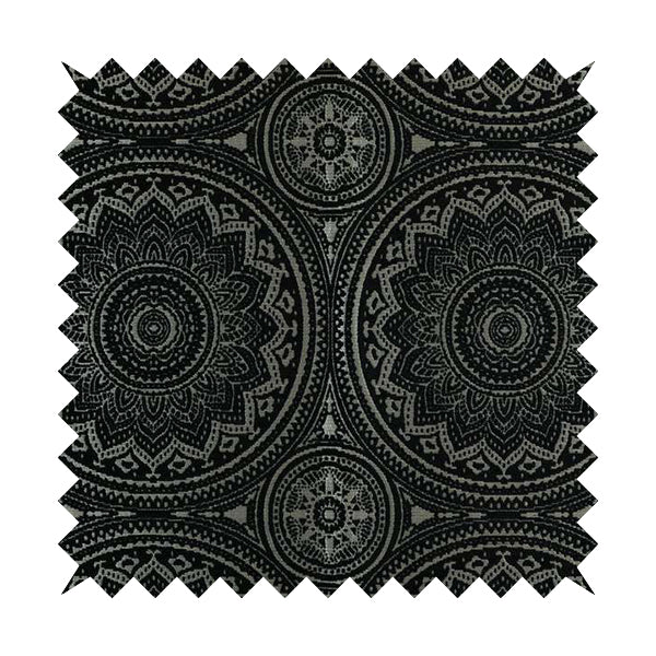 Vegas Black Gold Shine Effect Large Pattern Medallion Soft Chenille Upholstery Fabric JO-493