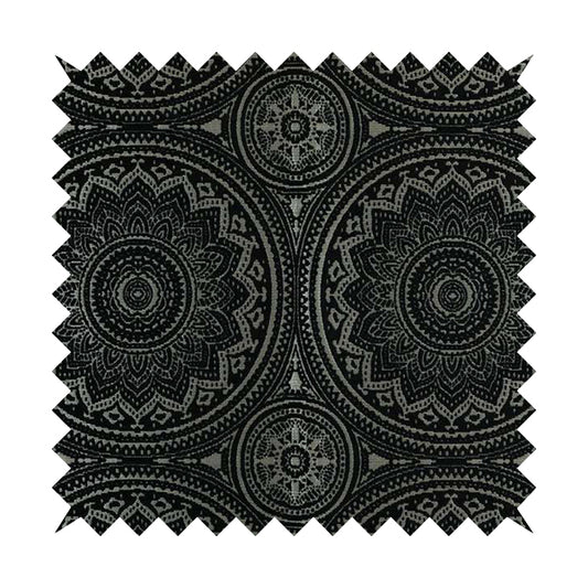 Vegas Black Gold Shine Effect Large Pattern Medallion Soft Chenille Upholstery Fabric JO-493