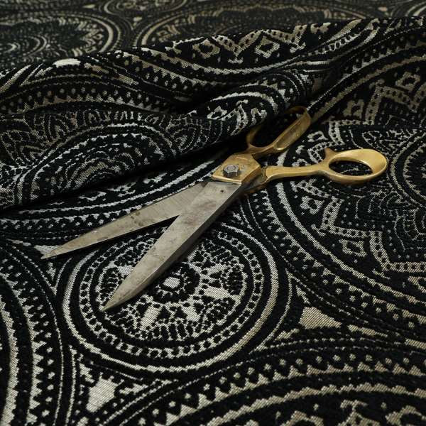 Vegas Black Gold Shine Effect Large Pattern Medallion Soft Chenille Upholstery Fabric JO-493 - Made To Measure Curtains