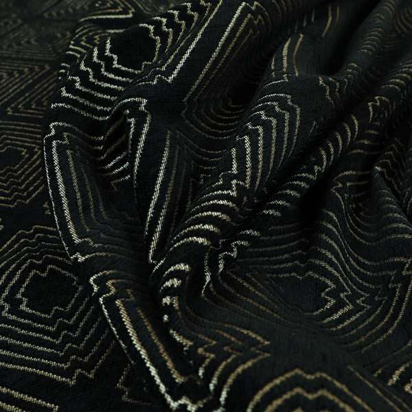 Vegas Black Gold Shine Effect Geometric Pattern Soft Chenille Upholstery Fabric JO-497 - Made To Measure Curtains