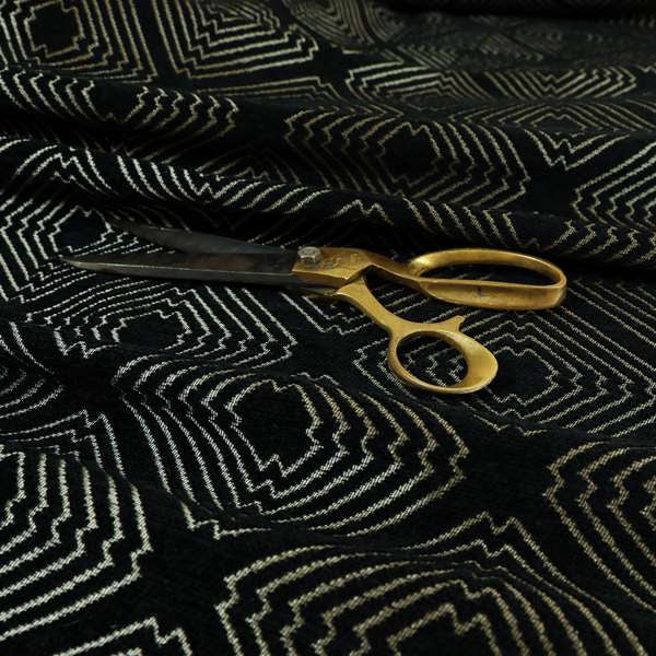 Vegas Black Gold Shine Effect Geometric Pattern Soft Chenille Upholstery Fabric JO-497 - Made To Measure Curtains