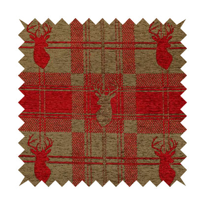 Highland Collection Luxury Soft Like Cotton Feel Stag Deer Head Animal Design On Checked Red On Brown Background Chenille Upholstery Fabric JO-508 - Roman Blinds