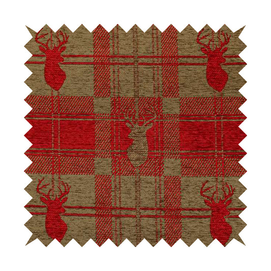 Highland Collection Luxury Soft Like Cotton Feel Stag Deer Head Animal Design On Checked Red On Brown Background Chenille Upholstery Fabric JO-508