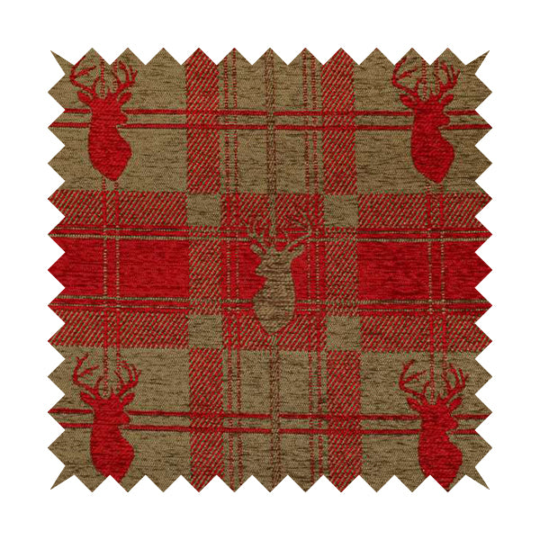 Highland Collection Luxury Soft Like Cotton Feel Stag Deer Head Animal Design On Checked Red On Brown Background Chenille Upholstery Fabric JO-508 - Made To Measure Curtains